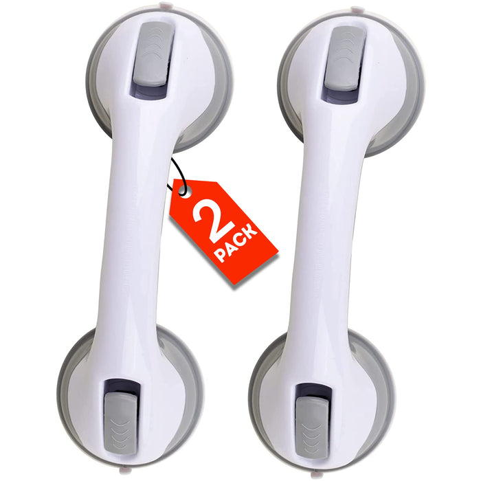 (2 Pack) Shower Handle 12 inch Grab Bars for Bathtubs and Showers Suction Bar Handles Handicap Elderly Seniors Safety Bathroom Bath Grip - Balance Assist ONLY for Tiles Glass & Hard Plastic