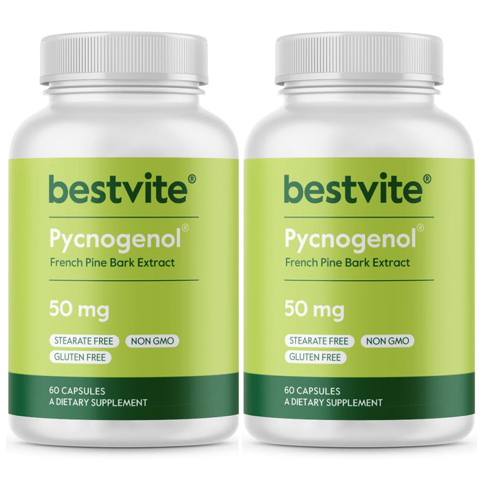 BESTVITE Pycnogenol 50mg (120 Capsules) (60x2) - French Maritime Pine Bark Extract - No Stearates - Gluten Free - Non GMO