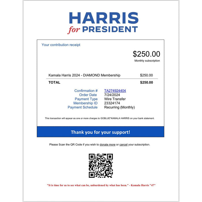 Prank - Kamala Harris 2024 Prank Mail Donation Receipt, Hilarious Joke, Sent 100% Anonymous, Practical Gag Package Envelope Gift