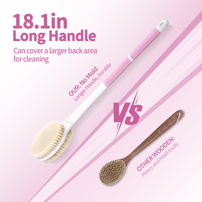 Back Scrubber Body Shower Brush: Anti Slip Long Handle Bath Brush with Stiff and Soft Bristles - Showering Exfoliator for Women, Men, Elderly (Pink)