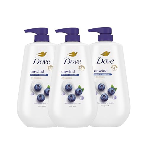Dove Body Wash For 24hr Lotion-Soft Skin 3 Count Unwind Blueberry & Moon Milk Moisturizing Skin Cleanser with No Sulfates No Parabens
