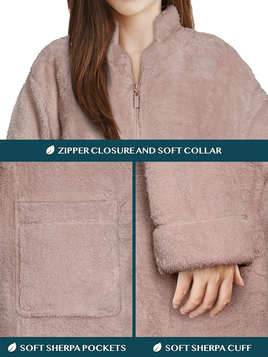 PAVILIA Womens Housecoat Zip Robe, Sherpa Zip Up Front Robe Bathrobe, Fuzzy Warm Zipper House Coat Lounger for Women Ladies Elderly with Pockets, Fluffy Fleece Long - Beige Taupe (Small/Medium)