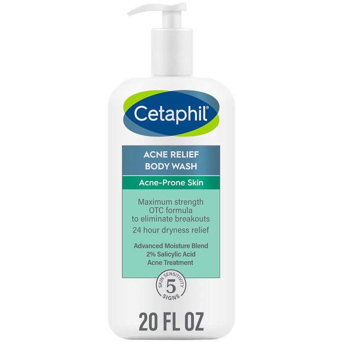 CETAPHIL Body Wash, NEW Acne Relief Body Wash with 2% Salicylic Acid to Eliminate Breakouts, Gently Exfoliates and Provides 24Hr Dryness Relief, 20 oz