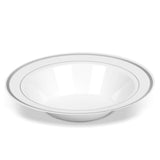 BloominGoods 50 Disposable White Silver Rimmed Plastic Soup Bowls | 14 oz. Premium Heavy Duty Disposable Dinnerware with Real China Design | Safe & Reusable (50-Pack White/Silver Trim)