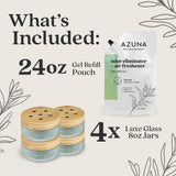 Azuna Air Freshener & Odor Eliminator Gel 4 Room Kit, Includes (4) 8 oz. Unfilled Luxe Glass Jars & 24 oz. Refill with Tea Tree Essential Oil, Natural Scent, Works 24/7 for 60-90 Days