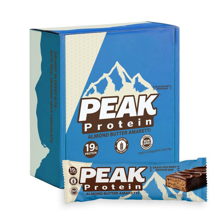 PEAK PROTEIN BARS - Almond Butter Amaretti - Natural - Grass-Fed Whey - 19G Protein - Non-GMO - Gluten Free - Organic Milk Chocolate (12 Bars)
