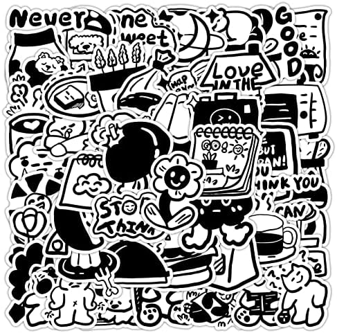 60Pcs Korean Style Stickers for Kids Water Bottle Laptop Skateboard Bicycle Luggage Guitar Cup DIY Decals Decoration Patches Vinyl Waterproof Cute Cartoon Stickers for Teens Awards Black&White