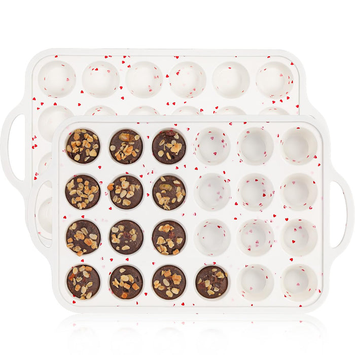 CAKETIME Mini Muffin Pan, Metal Reinforced Frame Mini Cupcake Pans 24 Cups Nonstick Muffin Silicone Molds with Handle for Baking Muffins, Cupcakes, Egg Bites 2 Pack Heart-Shaped
