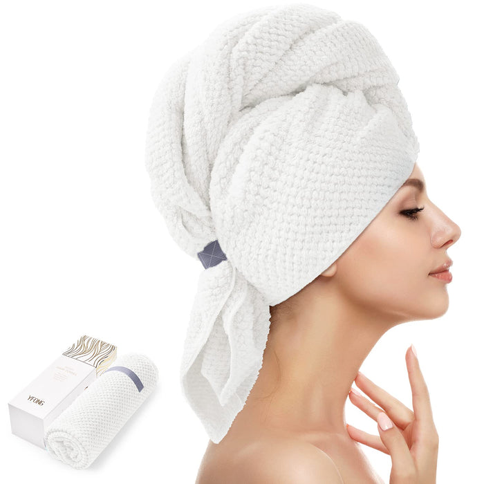 YFONG X-Large Microfiber Hair Towel Wrap for Women, Soft Hair Drying Towel with Elastic Band, Fast Drying Hair Turbans for Wet Curly Long Hair, Microfiber Towel for Hair Anti Frizz 30" X 40" (White)