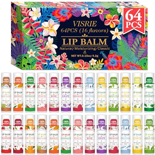 64 Pack Lip Balm, Natural Lip Balm Bulk with Vitamin E and Coconut Oil, Hydrating Lip Balm for Dry Lips, Bulk Lip Balm for Stocking Stuffers - 16 Flavors