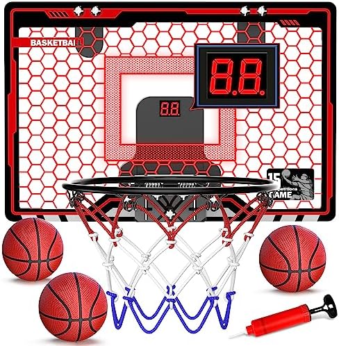 HopeRock Indoor Basketball Hoop, Over The Door Mini Basketball Hoops for Kids, with LED Light and Scoreboard, Birthday Gifts for 5 6 7 8 9 10 11 12 Years Old Boys Girls, Sports Toys