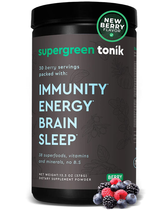 SUPERGREEN TONIK 100% Natural Greens Superfood Powder – Daily Supplement with 38 Superfoods, Vitamins and Minerals – Supports Energy, Stress and Immunity – 30 Days 360 Grams Berry Flavor (1 Tub)