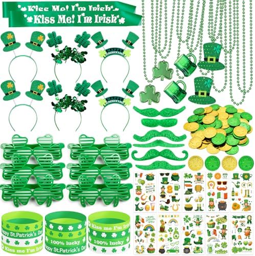 180Pcs St. Patrick's Day Accessories Party Favor Set, Tattoo Stickers, Necklaces, Bracelets, Shamrock Glasses, Headbands, Mustaches, Coins and Kiss Me I'm Irish Sash for Irish Party Supplies
