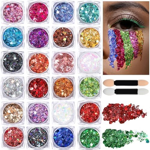 Teenitor 24 Colors Face Glitter Body Glitter Gel, Hair Glitter Gel, Glitter for Halloween Makeup, Face Makeup Glitter Gel for Face, Body, Hair