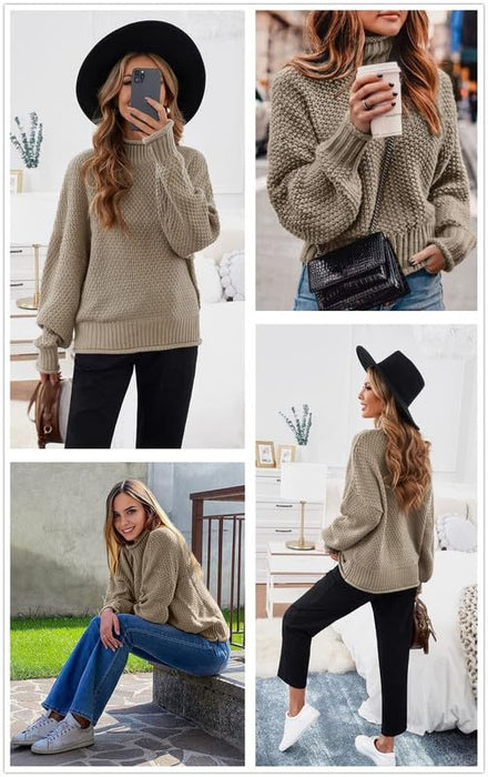 Dokotoo Oversized Sweaters for Women Trendy Batwing Long Sleeve Turtleneck Sweaters Solid Casual Fall Outifits Loose Khaki Sweater Chunky Cable Knit Sweater Christmas Sweaters Jumper Blouses Large