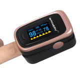 WRINERY Pulse Oximeter Fingertip, Oxygen/ O2 Saturation Monitor, OLED Portable Oximetry with Batteries, Lanyard (Rose gold-black)