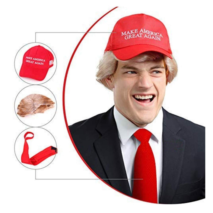 United States of Oh My Gosh Trump 2020 Costume Set | Includes Donald Trump Blonde Synthetic Wig Cap, Red Tie & MAGA Hat | Mr. Billionaire Accessories | Perfect for Cosplay, Parties & Halloween America