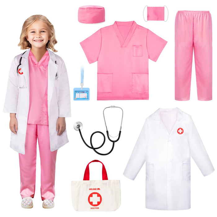 Meland Doctor Costume for Girls - Kids Scrubs with Lab Coat & Carry Bag, Doctor Dress Up for Halloween, Career Day Role Play(Pink,5-6 Years)