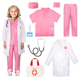 Meland Doctor Costume for Girls - Kids Scrubs with Lab Coat & Carry Bag, Doctor Dress Up for Halloween, Career Day Role Play(Pink,5-6 Years)