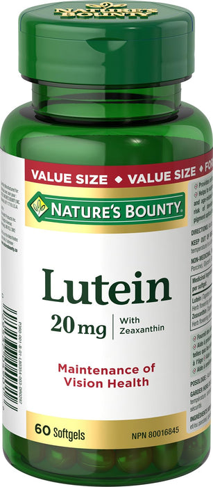Nature's Bounty Lutein Pills, Eye Health Supplements and Vitamins, Support Vision Health, 20 mg, 60 Softgels