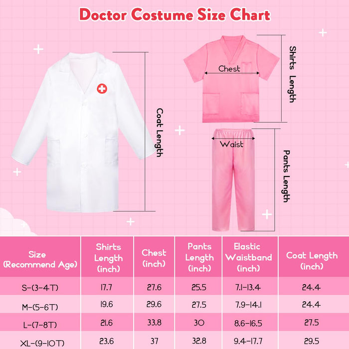 Meland Doctor Costume for Girls - Kids Scrubs with Lab Coat & Carry Bag, Doctor Dress Up for Halloween, Career Day Role Play(Pink,3-4 Years)