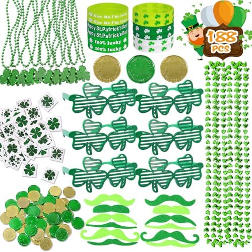 Max Fun 188Pcs St Patricks Day Accessories Party Favors Set Decorations Kids Saint Patricks Day Irish Decor, Green Beads Shamrock for Parades Supplies