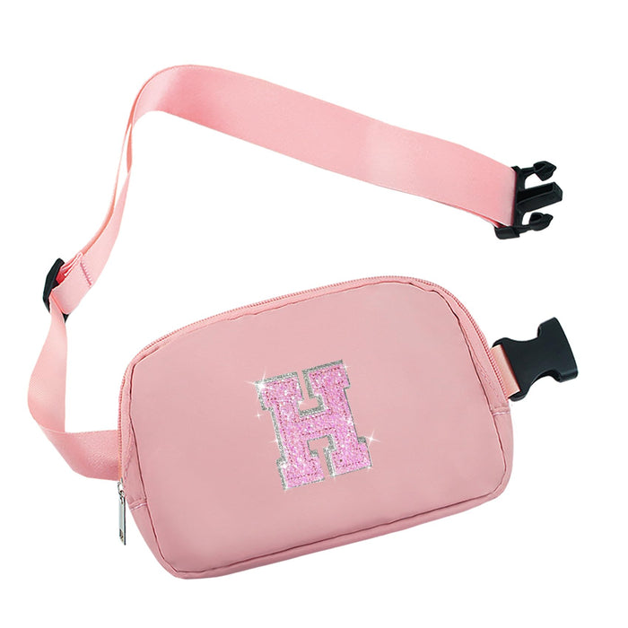 COSHAYSOO Pink Belt Bag Small Waist Fanny Pack Crossbody Purse with Initial Letter Patch for Teenager Girl Women, Nylon Cross Body Travel Chest Pouch Trendy Unique Christmas Gift (H)