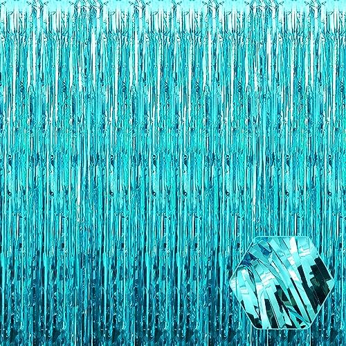3 Pack Lake Blue Foil Fringe Curtain Backdrop, 3.28Ft x 8.2Ft Metallic Tinsel Foil Fringe Streamer Curtains for Photo Booth, Christmas Day, Thanksgiving, Wedding, New Year Party Decorations