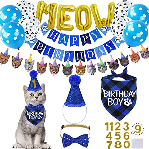 STMK Cat Birthday Party Supplies - Hat, Bandana, Bow Tie, Collar, Banner, Garland, Meow Letter Balloons, Kitten Outfits
