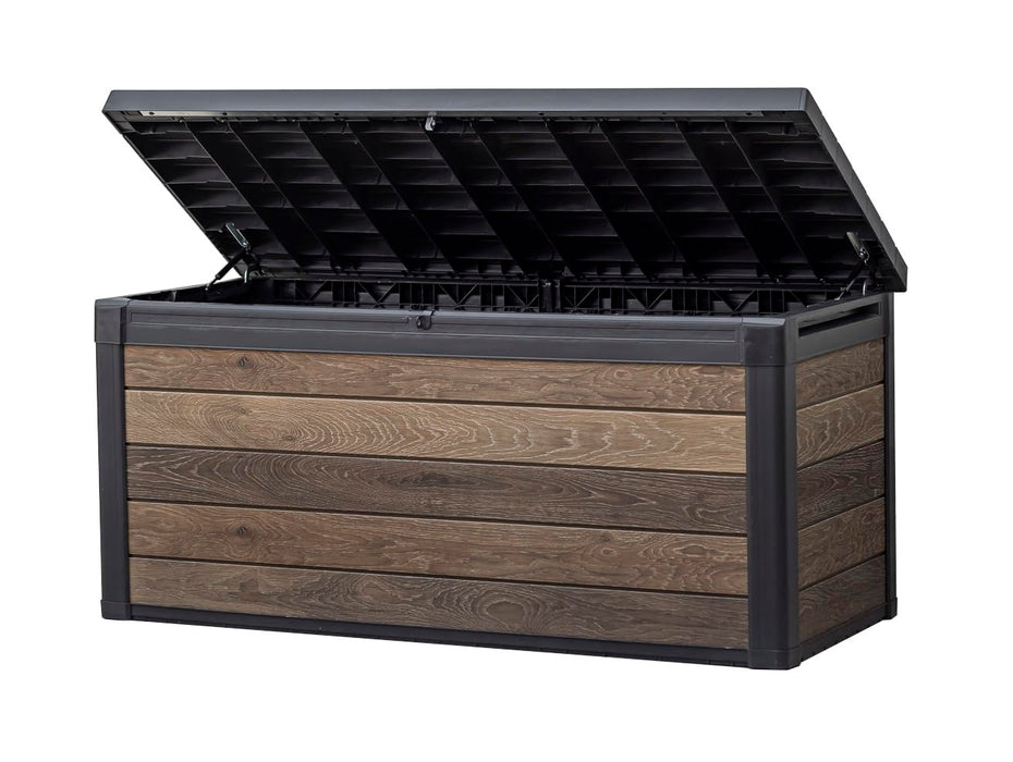 Keter Signature Collection 150 Gallon Resin Deck Box Organization and Storage Box for Patio Outdoor Cushions, Throw Pillows, Garden Tools and Pool Supplies, Walnut