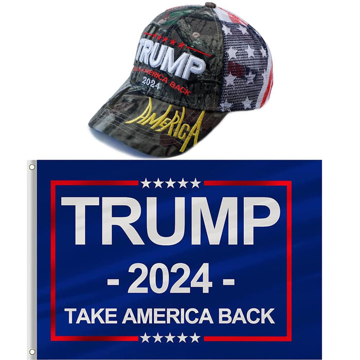 Trump 2024 MAGA Hat and Trump Flag Set, Trump 2024 Hat Take America Back Baseball Cap