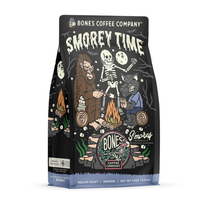 Bones Coffee Company Decaf S'morey Time Flavored Coffee Beans, Medium Roast Ground Coffee Low Acid, Decaffeinated Smores Flavor (12 oz)