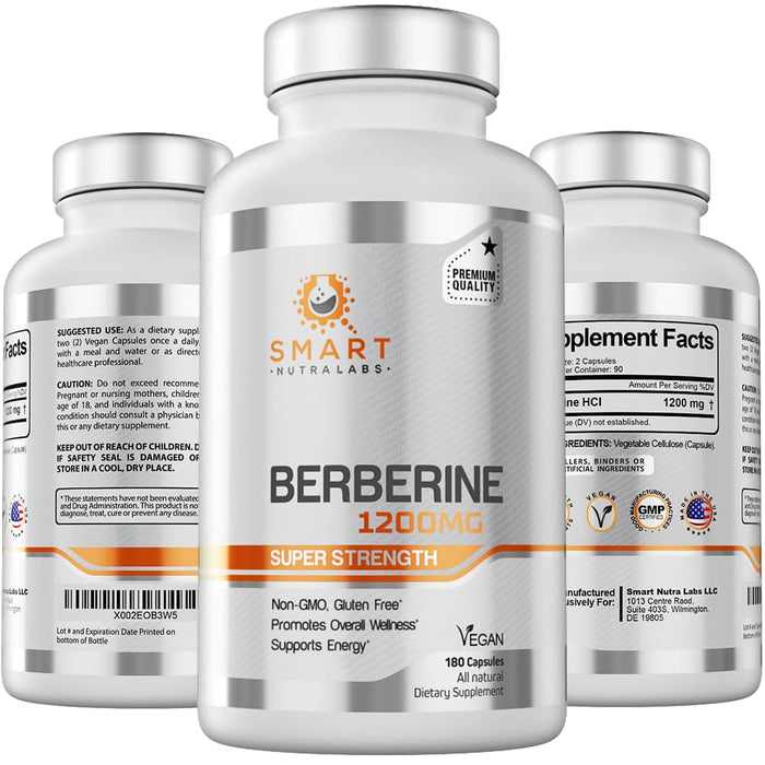 Smart Nutra Labs Premium Berberine HCL 1200mg- 180 Vegan Capsules, 100% Pure Berberine Supplement- Non-GMO, Gluten Free