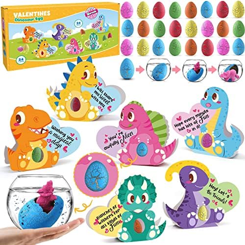 24 Pack Valentines Day Gifts for Kids, Dinosaur Egg with Dinosaur 3D Greeting Cards for Kids, Valentine's Day School Prize Party Favor, Classroom Exchange Gift Set