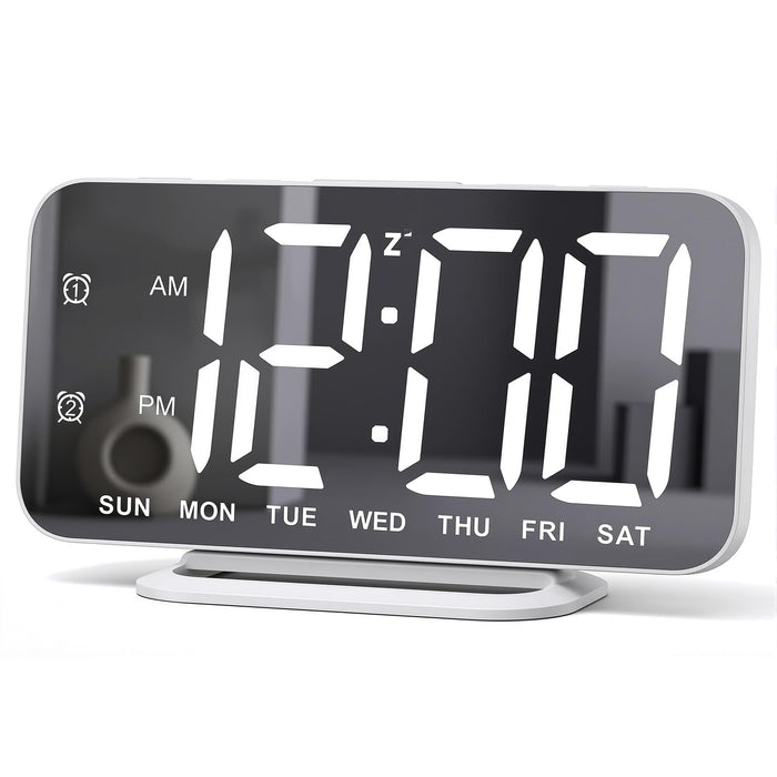 Slim LED Digital Alarm Clock, Mirror Surface for Makeup, with Diming, Large Display, Easy Setting, USB Charger Ports, Modern Bedroom, Desk, Office Living Room Decor, Christmas Birthday for Women Girl