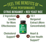 Peak Performance Citrus Bergamot + Red Yeast Rice. 2-in-1 Supplement. High Strength 10:1 Bergamot Extract. No Gluten, Zero Sugar, Vegan Capsules