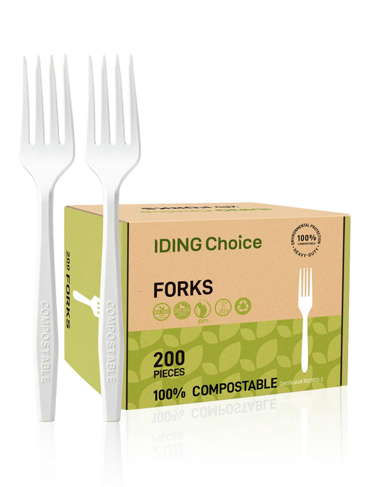 IDING Choice Compostable Forks No Plastic Silverware 200 count disposable cutlery flatware heavy duty party utensils Eco Friendly Heavyweight White Fork for Wedding Office BBQ Picnic Outdoor Event