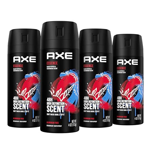 AXE Body Spray Deodorant for Long Lasting Odor Protection Essence Black Pepper & Cedarwood Men's Deodorant Formulated Without Aluminum, 4 Ounce (Pack of 4)