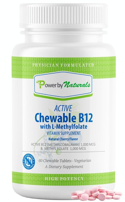 Power By Naturals Active Chewable Methylated B12 with L-Methyl Folate Supplement for Women & Men, Cherry Flavor, 60 Tablets