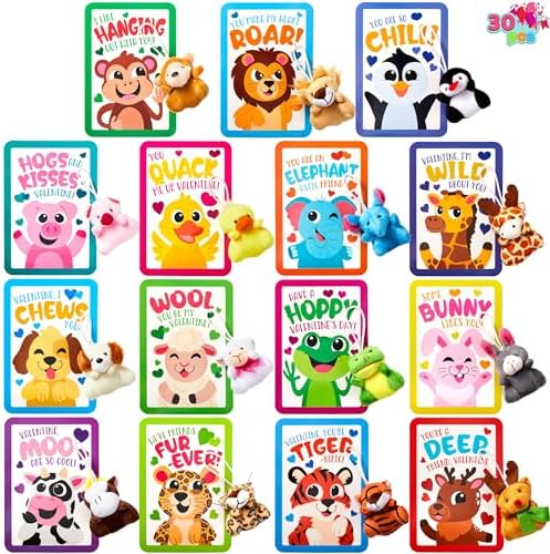 JOYIN 30 Packs Valentine's Day Gifts Cards with Animal Plush Toy for Kids, Valentine's Plush Keychain Toy for Classroom Exchange Cards and Party Favor, Greeting Gifts, Game Prizes