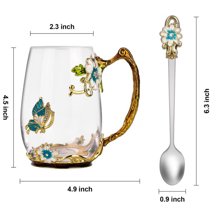 OEAGO Birthday Gifts for Women Mom Glass Coffee Enamels Mug Best Mothers Day Butterfly Gifts for Her from Daughter Son Lead-Free Valentines Day Christmas Tea Cup with Spoon Sets