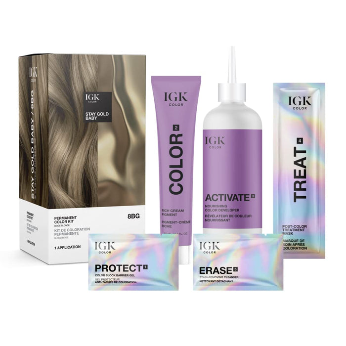 IGK Permanent Color Kit STAY GOLD BABY - Beige Blonde 8BG | Easy Application + Strengthen + Shine | Vegan + Cruelty Free + Ammonia Free | 4.75 Oz