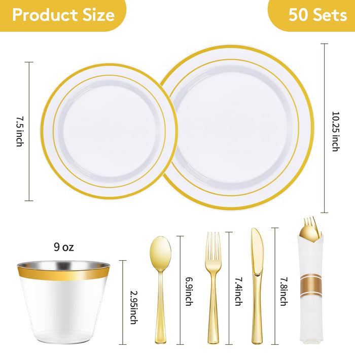 Goodluck 350 Piece Gold Plastic Dinnerware Set for 50 Guests, Fancy Disposable Plates for Party, Include: 50 Dinner Plates, 50 Dessert Plates, 50 Pre Rolled Napkins with Silverware, 50 Cups