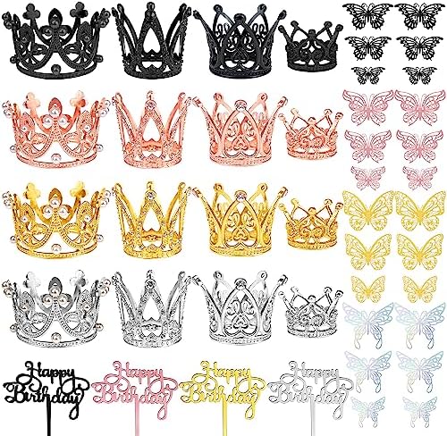 44 PCS Crown Cake Decoration 16 PCS Mini Crowns with 24 PCS Butterfly Wall Decors and 4 PCS Birthday Cake Toppers for Women Girl Birthday Wedding Party