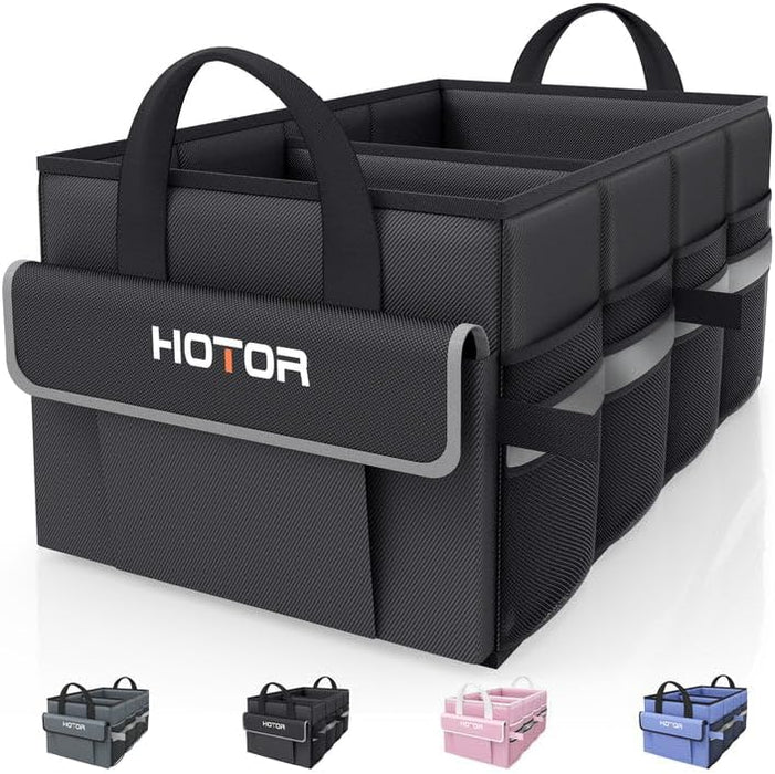 HOTOR Foldable Trunk Organizer - SUV, Sedan & Van Compatible, Sturdy Base Panel for Car Accessories, Black, 2 Compartments, 21.3"12.6"10.6"