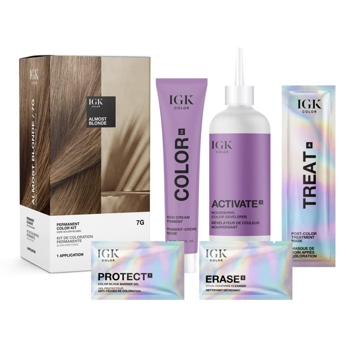 IGK Permanent Color Kit ALMOST BLONDE - Dark Golden Blonde 7G | Easy Application + Strengthen + Shine | Vegan + Cruelty Free + Ammonia Free | 4.75 Oz