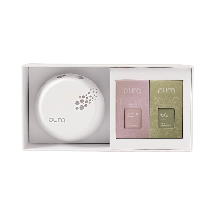 Pura - Smart Home Fragrance Device Starter Set V3 - Scent Diffuser for Homes, Bedrooms & Living Rooms - Includes Fragrance Aroma Diffuser & Two Fragrances - Asian Woods & Spice and Lavender Fields