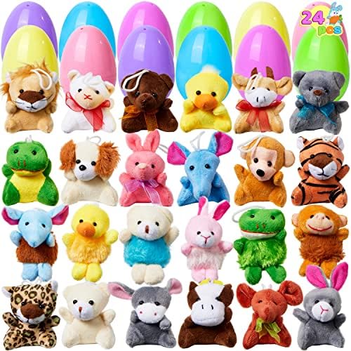 JOYIN 24 Pack Prefilled Easter Eggs of Mini Stuffed Animal Plush Toys Baster Stuffer Filler for Kids Easter Egg Hunt Game, Classroom Prize Supplies