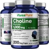 NusaPure Choline Bitartrate 1000 mg 200 Veggie Capsules (Vegetarian, Non-GMO)