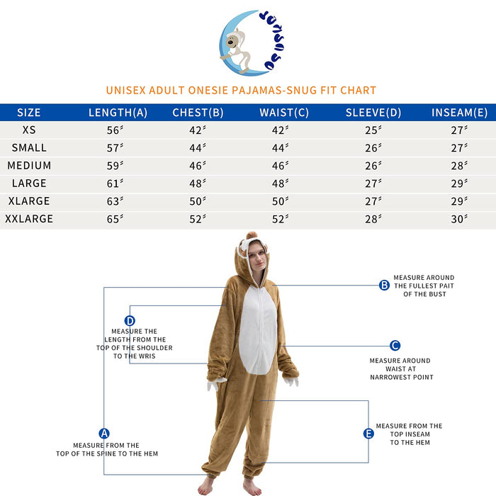 COSUSKET Fitted Unisex Adult Sloth Onesie Pajamas, Halloween Flannel Women's Cosplay Animal One Piece Costume